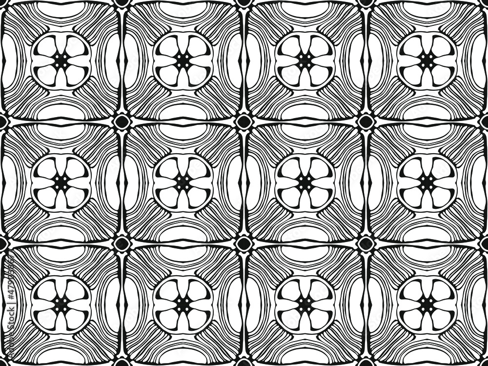 Poster vector seamless abstract pattern of tiles and shapes in black and white vintage style of the 60s and
