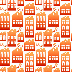 Seamless pattern on a square background on the theme of real estate (rent or sale) - houses and keys. Design element of books, notebooks, postcards, interior items. Wallpapers, textiles, packaging