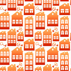 Fototapeta premium Seamless pattern on a square background on the theme of real estate (rent or sale) - houses and keys. Design element of books, notebooks, postcards, interior items. Wallpapers, textiles, packaging