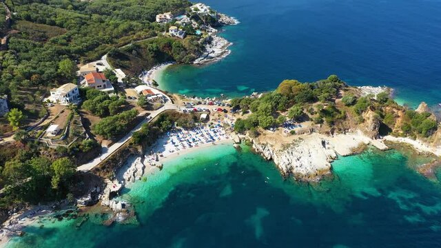 Aerial drone view north east coast with Kanoni, Mpataria and Pipitos beach, Island of Corfu, Greece. Mpataria, Kanoni and Pipitos beach at Corfu Greece during the day.