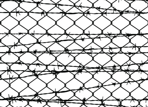 Vector seamless pattern of chain link mesh wire and barbed wired fence protection.