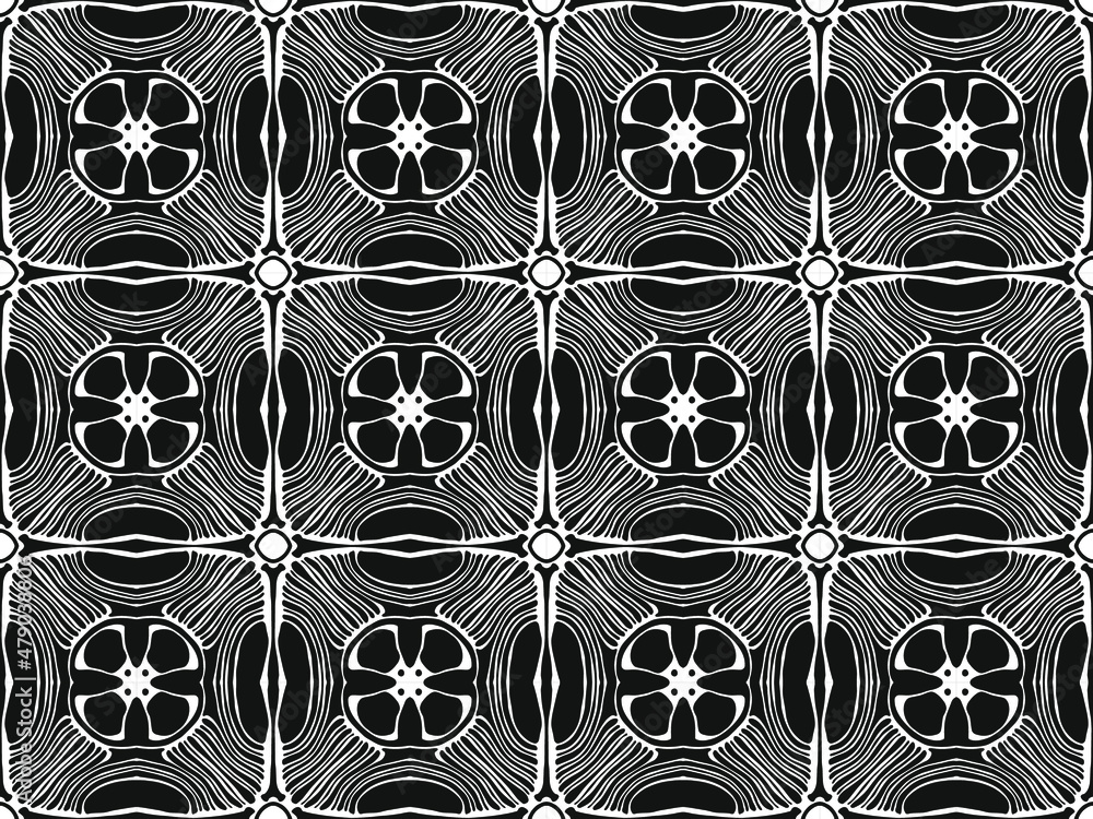 Poster vector seamless abstract pattern of tiles and shapes in black and white vintage style of the 60s and