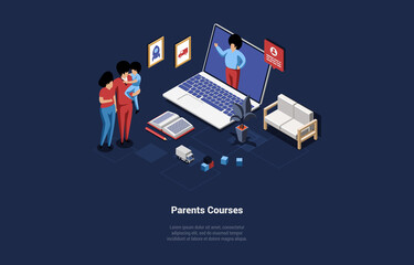 Vector Illustration In Cartoon 3D Style. Isometric Composition On Dark Background With Text And Characters. Parents Courses Concept. Internet Education, Remote Online Learning, Children Raising Method