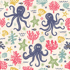 Cute seamless pattern with underwater live: octopus, starfish, squid, jellyfish. Vector tropical background.
