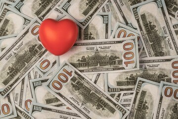 Rubber red heart on a background of one hundred dollar bills. Economics and finance
