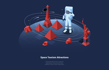 Vector Illustration In Cartoon 3D Style. Isometric Composition On Dark Background With Text And Characters. Space Tourism Attractions Concept. Astronauts On Planet Surface, Famous Objects Standing