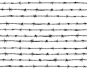 Barbed wire vector seamless pattern of horizontal lines in black and white.