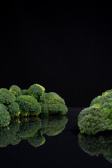 Floretes de brócoli fresco. Con reflejo de espejo en el agua. Paisaje hecho con comida sobre fondo...
