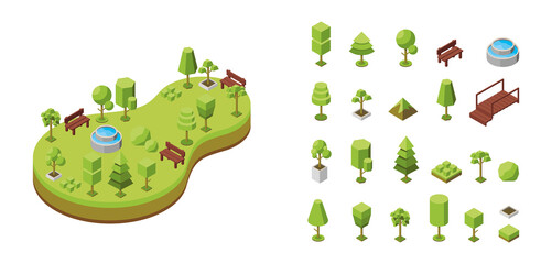 Vector isometric illustration. Concept of an ecological botanical park, natural recreation areas with a fountain. Natural landscape, environment. Set of 3d trees and outdoor furniture isometric icons