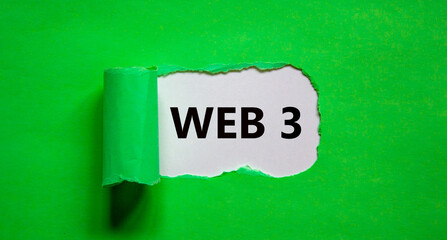 WEB 3 symbol. Concept words WEB 3 appearing behind torn green paper. Beautiful white and green background, copy space. Business, technology and WEB 3.0 or web 3 concept.