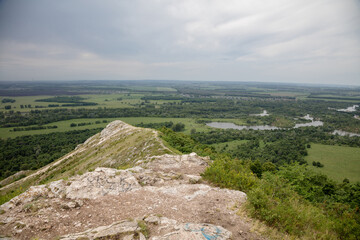 View from the mountain to the bend of the river. Central Russia, Bashkiria.