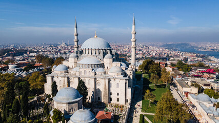 Aerial view of Suleymaniye Mosque with four minaret in Istanbul,Turkey