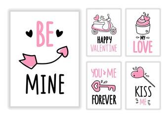 Cute Greeting Cards Stickers for Valentine's Day Greeting Cards cards isolated on white background. For souvenirs, textiles, office supplies. Vector