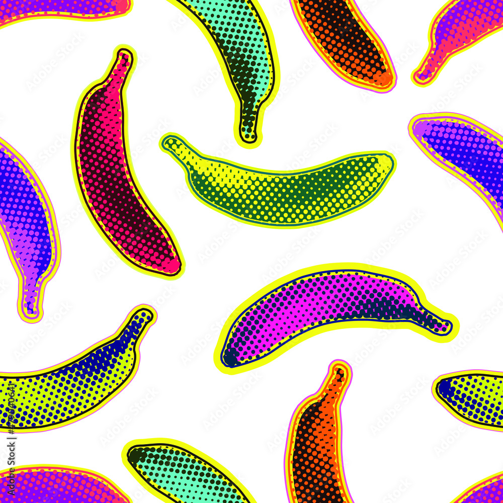 Poster seamless vector pop art pattern of colorful bananas randomly distributed on white background in half