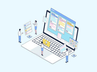 Business Workflow Isometric Illustration Lineal Color. Suitable for Mobile App, Website, Banner, Diagrams, Infographics, and Other Graphic Assets.