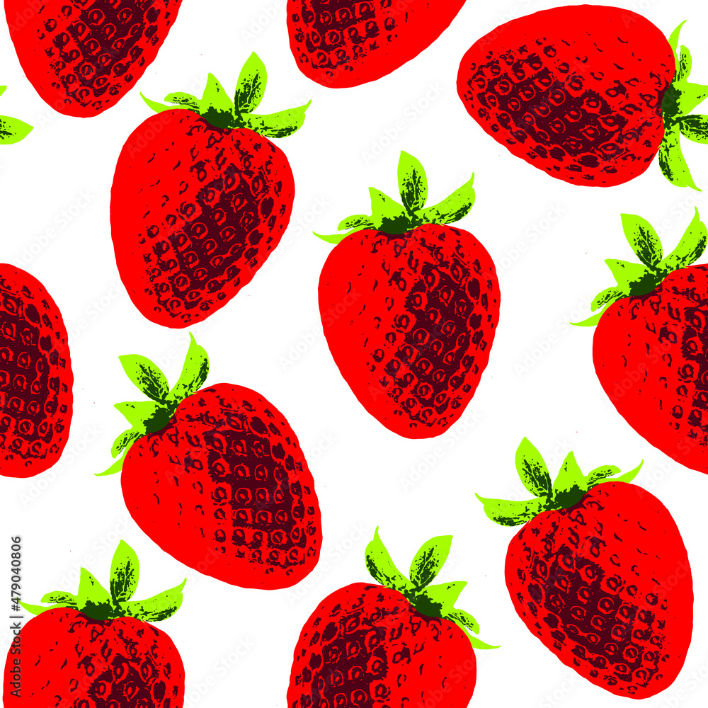 Poster seamless vector pop art style pattern of red strawberries randomly distributed on white background.