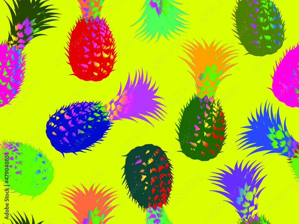 Poster seamless vector pop art pattern of psychedelic colored pineapples randomly scattered on acid yellow 