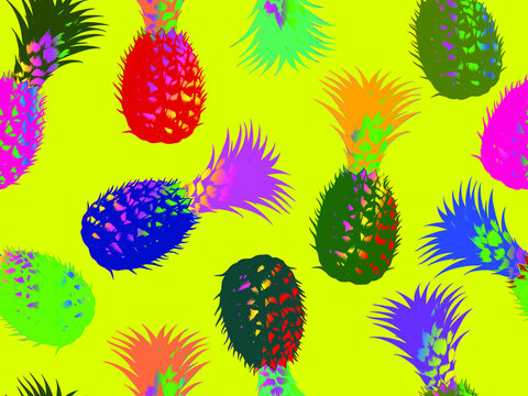 Seamless vector pop art pattern of psychedelic colored pineapples randomly scattered on acid yellow background.