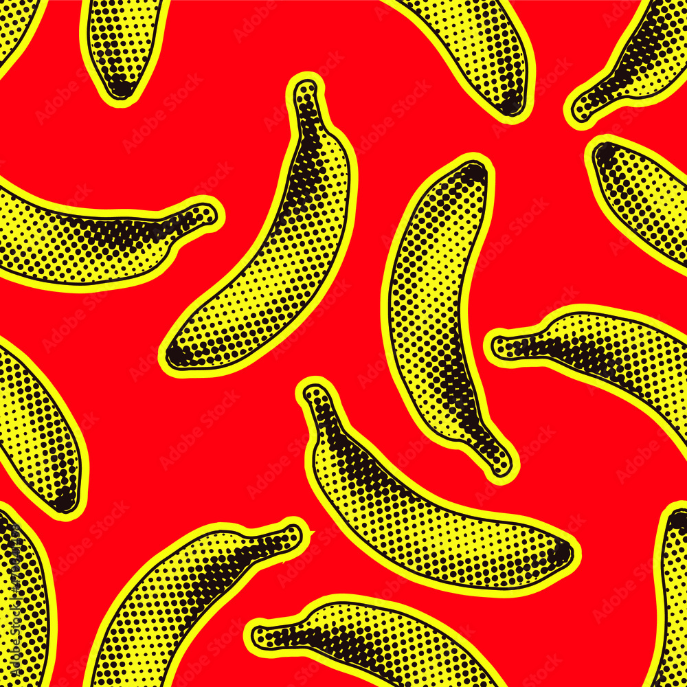 Poster seamless vector pop art pattern of yellow bananas randomly distributed on red background in halftone