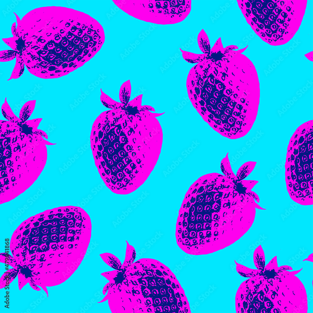 Poster seamless vector pop art pattern of pink strawberries randomly scattered on light blue background in 