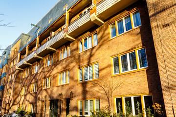 Facade of an ornate apartment building in the Amsterdamse School style in Amsterdam Zuid, The Netherlands, Europe