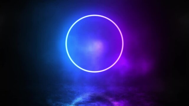 Vibrant neon circle portal hanging in the air above the concrete floor with smoke flying through it, bright multicolored mystical video, cosmic creative style, cyberpunk modern design, seamless electr