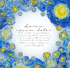 Vector illustration square template of starry night sky with glowing yellow moon and with blank central space in the style of Van Gogh impressionist paintings suitable for anniversary greeting cards.