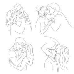 Hugging Pairs of lovers set. A man kiss a woman. Portrait of Happy Couple In Minimal Style collection. Line art for valentine's day, family. Love concept. Outline Vector illustration isolated on white