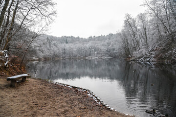 Winter lake landscape. Szmaragdowe lake in Szczecin, Poland in winter.