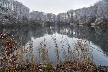 Winter lake landscape. Szmaragdowe lake in Szczecin, Poland in winter. - obrazy, fototapety, plakaty