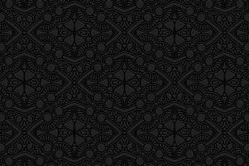 Artistic embossed black background. Unique geometric 3D pattern with handmade elements. Ethnicity of the peoples of the East, Asia, India, Mexico, Aztec. Cover design for creativity.
