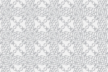 Artistic embossed white background. Openwork geometric 3D pattern with handmade elements. Ethnicity of the peoples of the East, Asia, India, Mexico, Aztec. Cover design for creativity.