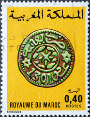 Morocco - circa 1976: A post stamp from the Morocco showing a Moroccan Coins Fez Coin of 1883/4
