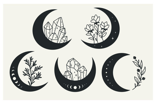 Collection of crescent moon with magic crystals, wildflowers, branches. Mystical symbol. Celestial object. The moon has a slit pattern. Good for design of magic and spiritual shops and goods, tattoos,