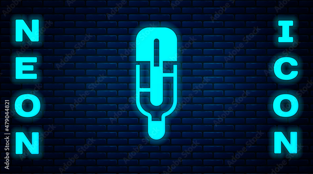 Sticker Glowing neon Medical thermometer for medical examination icon isolated on brick wall background. Vector