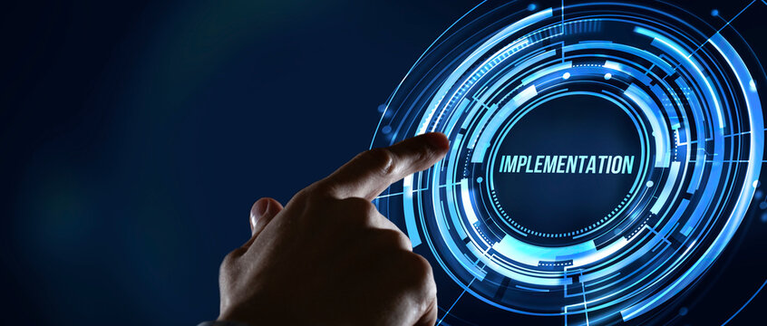 Internet, business, Technology and network concept. IMPLEMENTATION, web technology concept. Virtual button.