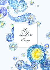 Rectangular vertical greeting card of glowing yellow moon on a starry sky with text blank space. Vector illustration in the impressionist and minimalist style.