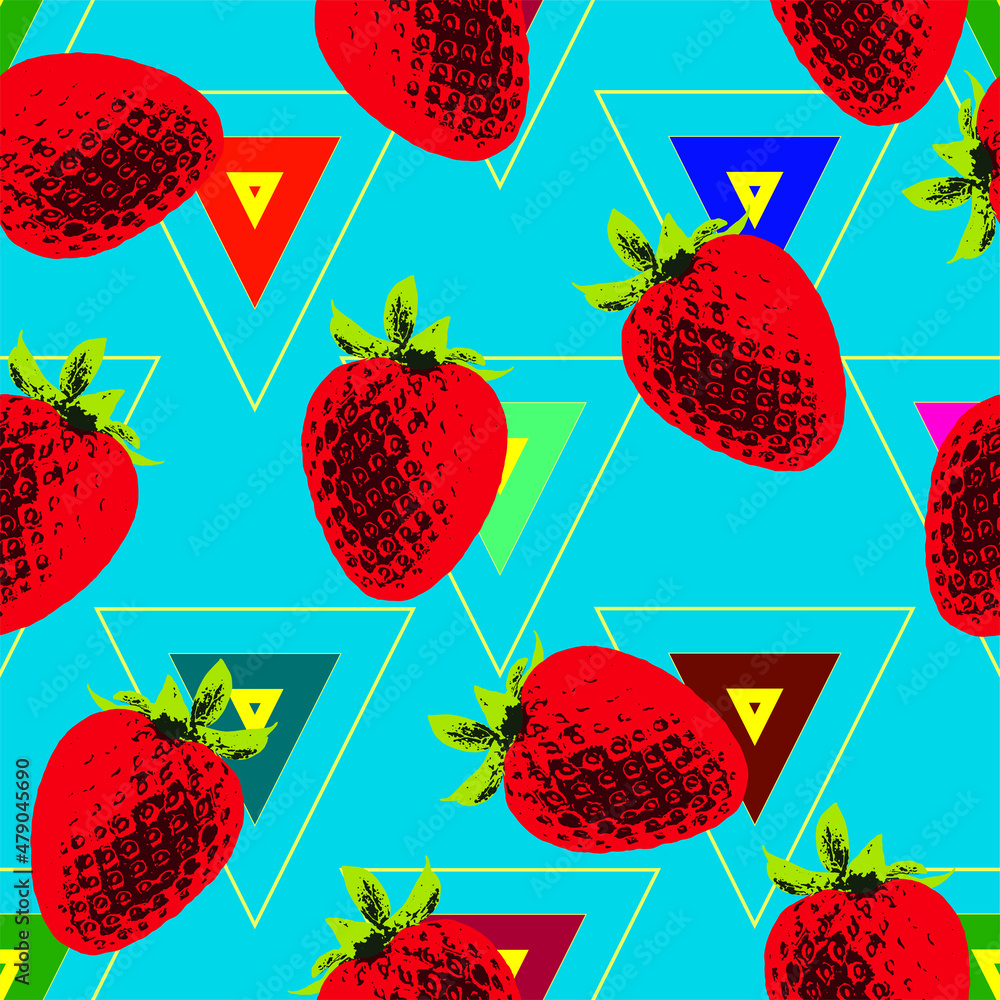 Poster seamless vector pop art style pattern of red strawberries scattered on top of minimal triangle geome
