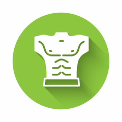 White Bodybuilder showing his muscles icon isolated with long shadow. Fit fitness strength health hobby concept. Green circle button. Vector