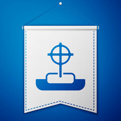 Blue Tombstone with cross icon isolated on blue background. Grave icon. Happy Halloween party. White pennant template. Vector