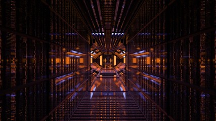 Reflective hallway with orange illumination 4K UHD 3D illustration