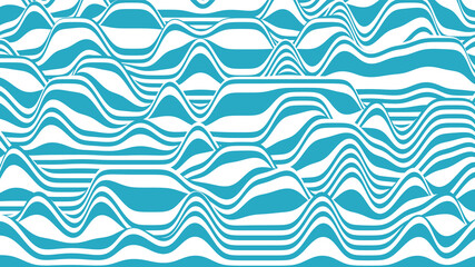 Trendy 3D blue and white stripes distorted backdrop. Procedural ripple background with optical illusion effect