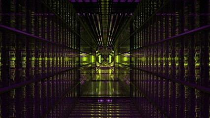 Sci fi tunnel with green and violet lights 4K UHD 3D illustration
