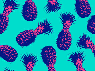 Naadloze vector pop-art patroon van roze en blauwe ananas willekeurig verspreid op blauwe achtergrond in vaporwave stijl ontwerp.