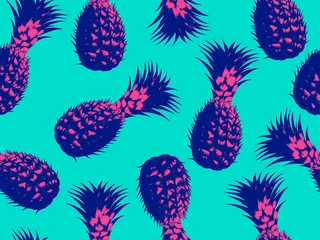 Keuken foto achterwand Turquoise Naadloze vector pop-art patroon van roze en blauwe ananas willekeurig verspreid op blauwe achtergrond in vaporwave stijl ontwerp.