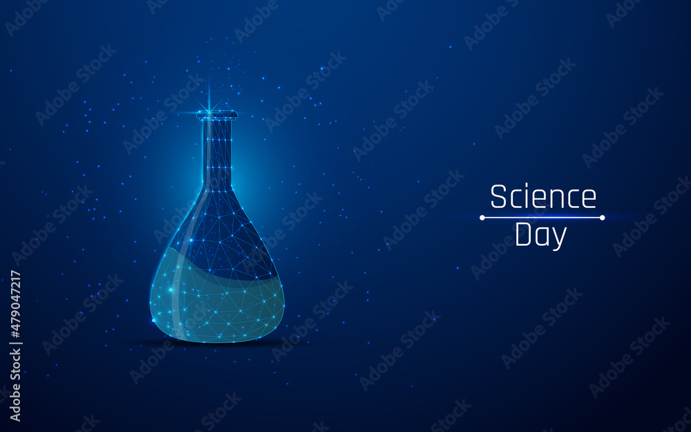 Poster national science day and flask image in wireframe style