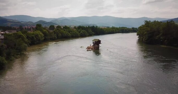 Cabin on the rock, a landmark on the Drina river in Serbia - Aerial view of the famous Cabin on the rock, a landmark on the Drina river in Serbia