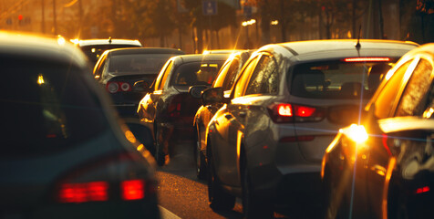 Traffic jam at sunset. Paralyzed traffic on city streets.