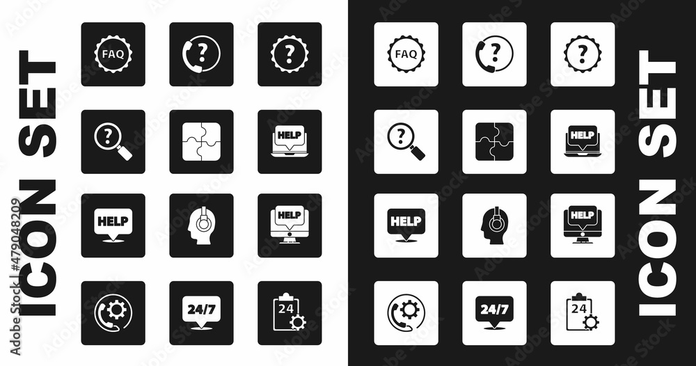 Poster set question mark, piece of puzzle, unknown search, label with text faq, laptop and help, telephone 