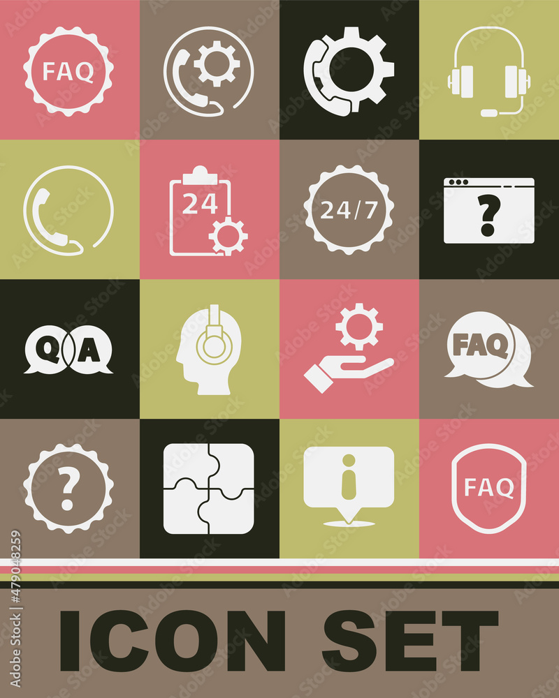Poster set shield with text faq, speech bubble, browser question mark, telephone 24 hours support, checklis